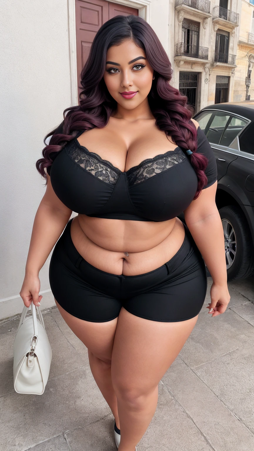 gorgeous curvy plus size Indian bengali actress ritavori , glowing eyes, wearing SHEIN Young Boy Spider Print Short Sleeve T-Shirt And Shorts Set With Bag Color: Red , covered Bust, parted lips, blushing cheeks, thick thighs, bigger waist, busty, curvy plus size body, full body, full body shot, head to toe view, smoothning burgendy color hair with pfrench braid hairstyle, hourglass body, curvy plus size body, smile face, bigger waist, busty, big hips, fleshy thighs, thick thighs, busty, full body view, ultra detail, high resolution, ultra detailed, best quality, amazing, top quality, extremely detailed CG unity 8k wallpaper, full body view, Havana, Cuba: Classic cars and colonial architecture.