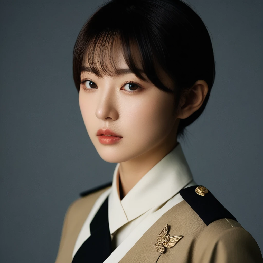 8k, Ultra-high resolution, Highest quality, masterpiece, 三分割法によるphotograph,Surreal, photograph, 1 Girl, (:1.3), pretty girl, Cute Face, Beautiful eyes in every detail, 細かくdetailedに,masterpiece,One Girl:1.2,Japanese female officer,Superior non-commissioned officer,extream close up,furious,glaring,Black short hair,Bob with bangs, (The finest ceremonial attire:1.3),Military clothing, SS uniform,HUGO BOSS,Sharp contours,Looking down,Gray background, Light from above, Low contrast, (Side view),Perfect and beautiful face ,完璧でCute Face, Skin with attention to detail, Perfect limbs、Narrow waist,Looking at the audience,(((Ideal body type))),A cup small breasts :2,Portraiture:2,Perfect Anatomy,鮮明なdetailed,detailed,Surreal,Light and shadow,glowing