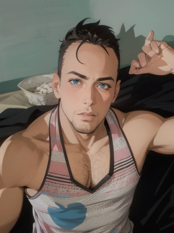 Anime, style, sexy, men, realistic, young, color blue and pink