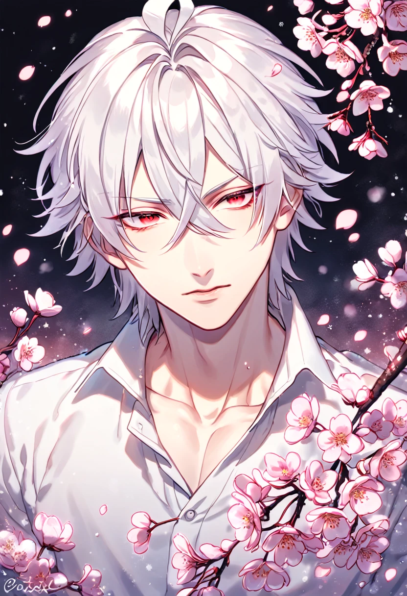 Ultra detailed, HDR, Highres, absurdres, master piece, Aohitsugi Samatoki, white hair, long eyelashes, expressive red eyes, white shirt, Hypnosis Mic, sexy man, handsome, cherry, flowers, blossoms, fantasy, magical, pink leaves, snowing, handsome, sensual, best quality, glittering, solo,