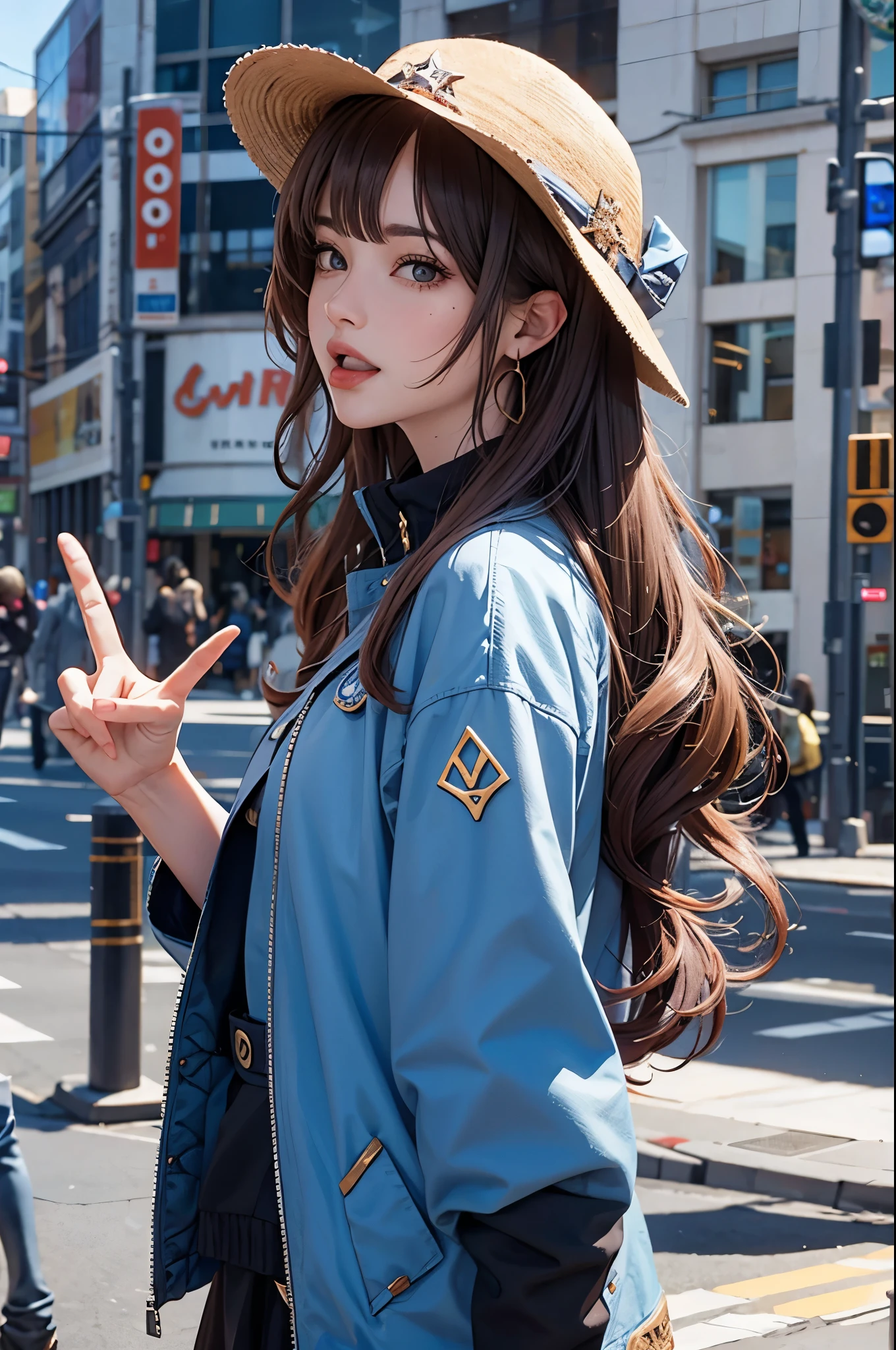 nicole demara, cowboy shot, tongue out, peace symbol, from side, city, anime source BREAK