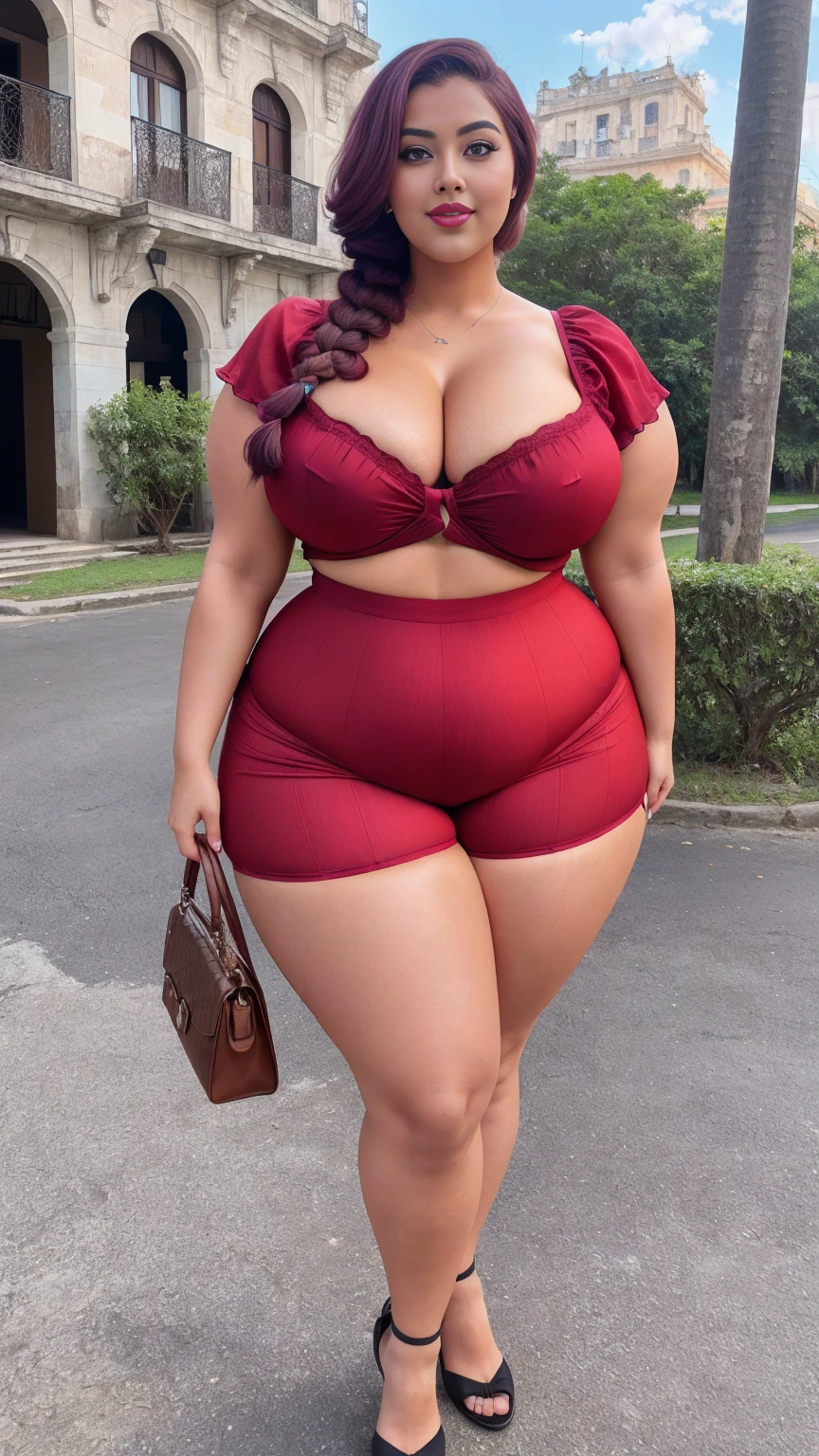 gorgeous curvy plus size Indian bengali actress ritavori , glowing eyes, wearing SHEIN Young Boy Spider Print Short Sleeve T-Shirt And Shorts Set With Bag Color: Red , covered Bust, parted lips, blushing cheeks, thick thighs, bigger waist, busty, curvy plus size body, full body, full body shot, head to toe view, smoothning burgendy color hair with pfrench braid hairstyle, hourglass body, curvy plus size body, smile face, bigger waist, busty, big hips, fleshy thighs, thick thighs, busty, full body view, ultra detail, high resolution, ultra detailed, best quality, amazing, top quality, extremely detailed CG unity 8k wallpaper, full body view, Havana, Cuba: Classic cars and colonial architecture.