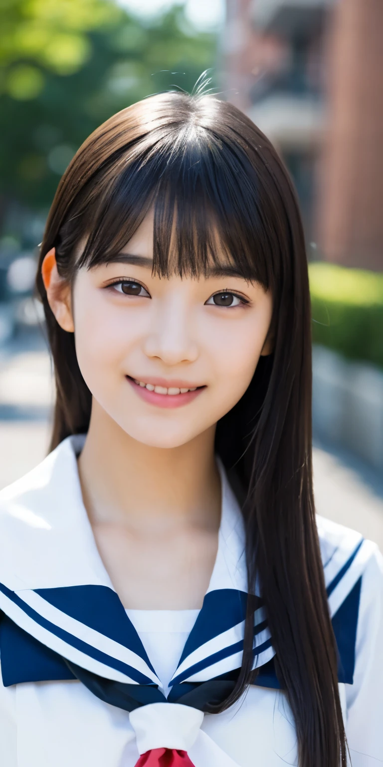 1 girl, (Please wear your high school sailor uniform.:1.2), (:1.5), (original Cai Neihua), Young Face, Cute Face, (RAW Photos, Highest quality), (Realistic, Photorealistic:1.4), Flying debris, Sharp focus, Very delicate and beautiful, Very detailed, 2k wallpaper, wonderful, finely, Very detailed CG Unity 8K 壁紙, Very detailedな, High resolution, Soft Light, Beautiful detailed girl, Very detailed目と顔, Beautiful and detailed nose, Beautiful and detailed, Blake Springs Street Corner, Cinema Lighting, Perfect Anatomy, Slender body, Straight and long, Long Hair, Parted bangs, An innocent smile, (Looking at the audience),