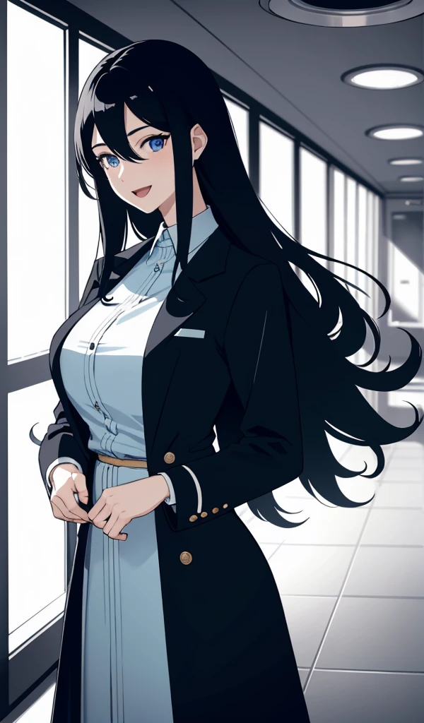 (masterpiece), (best quality), (ultra-detailed), ((girl, 29 years old)), an extremely delicate and beautiful, detailed eyes, minute details, (black hair, long hair, straight hair, hair between eyes), ((big breasts)), smile, open mouth, ((beautiful eyes)), (blue eyes), (upper body), she is wearing a blue dress, (detailed clothes), (detailed background, in a hospital, hospital hallway), (monochrome)