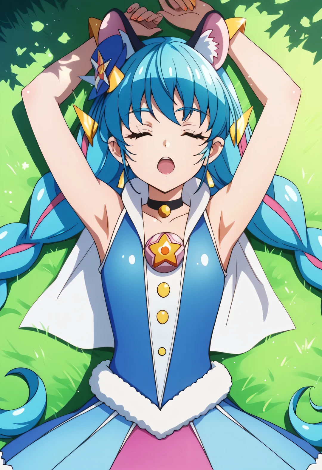 curecosmo, shiny skin, high quality, solo, lying, on back, arms up, spread arms, sleeping, open mouth, on grass, looking at viewer, closed eyes, cowboy shot, best quality,