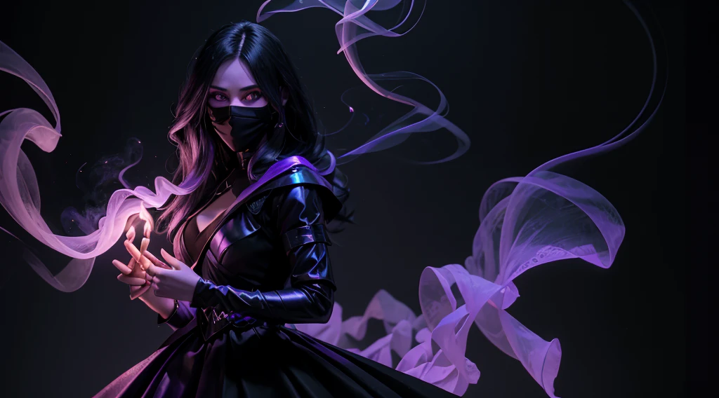 long shot, masked male ghost assassin in black clothes, dancing with a beautiful woman in purple and gold dress, high detail, wide shot, 4K, 3D, REALISTIC, (iridescent glow smoke), UHD, 32K, very bold neon colors, black light, neon light