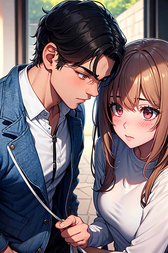 A male holding a leash of a collared girl pullin it towards him. Female blushing and looking away romantic pfp