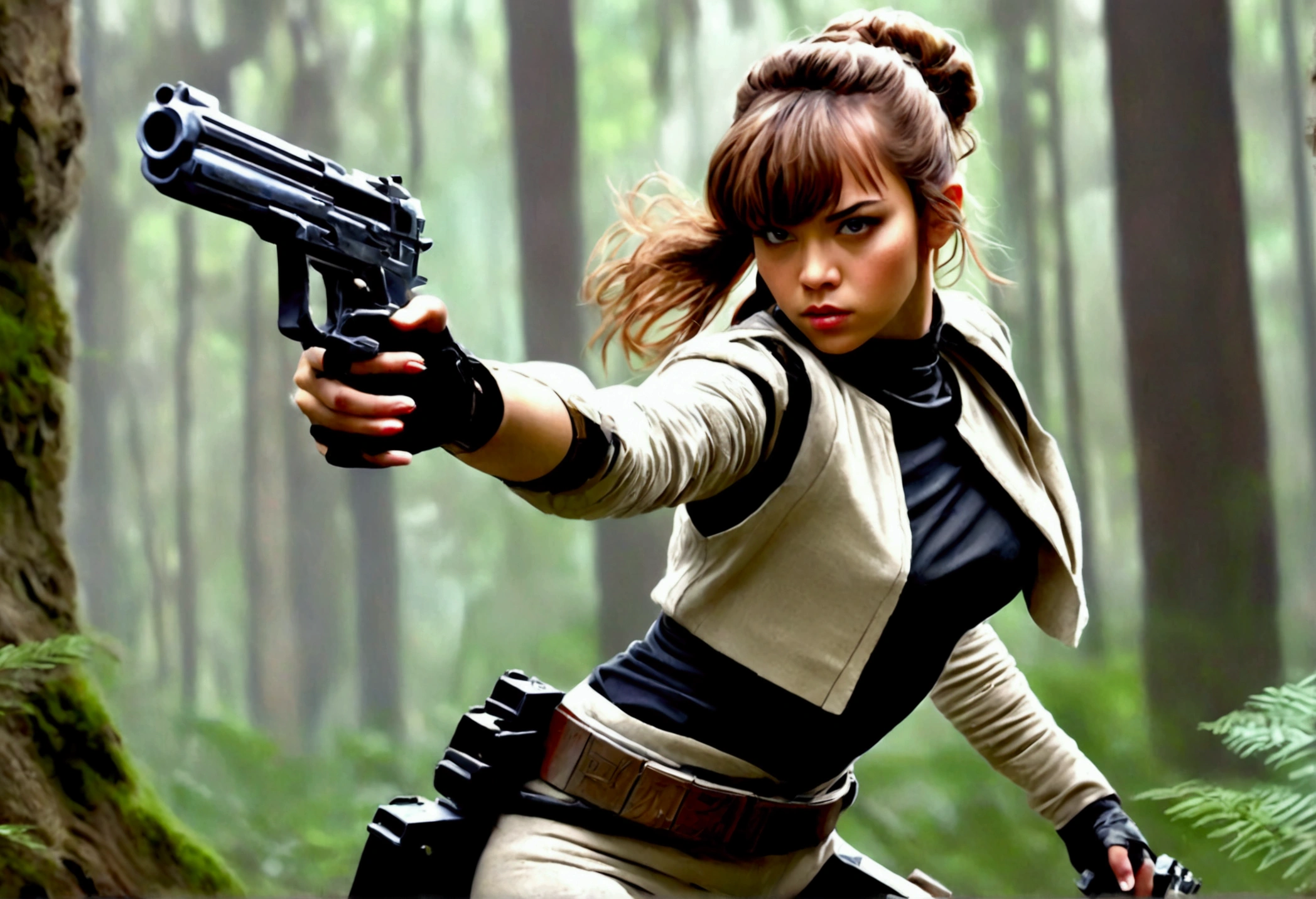 Star Wars (Lalisa Manobal, age 25, sexy combat outfit, very detailed blaster pistol) is a Rebel mercenary raiding an imperial convoy in a temperate forest. Action pose