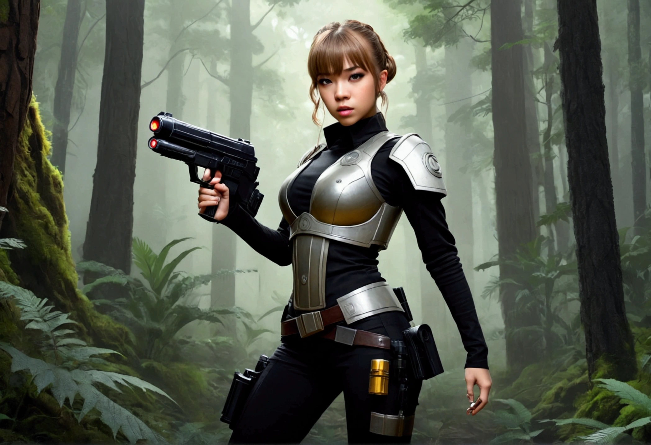 Star Wars (Lalisa Manobal, age 25, sexy combat outfit, very detailed blaster pistol) is a Rebel mercenary raiding an imperial convoy in a temperate forest. Action pose