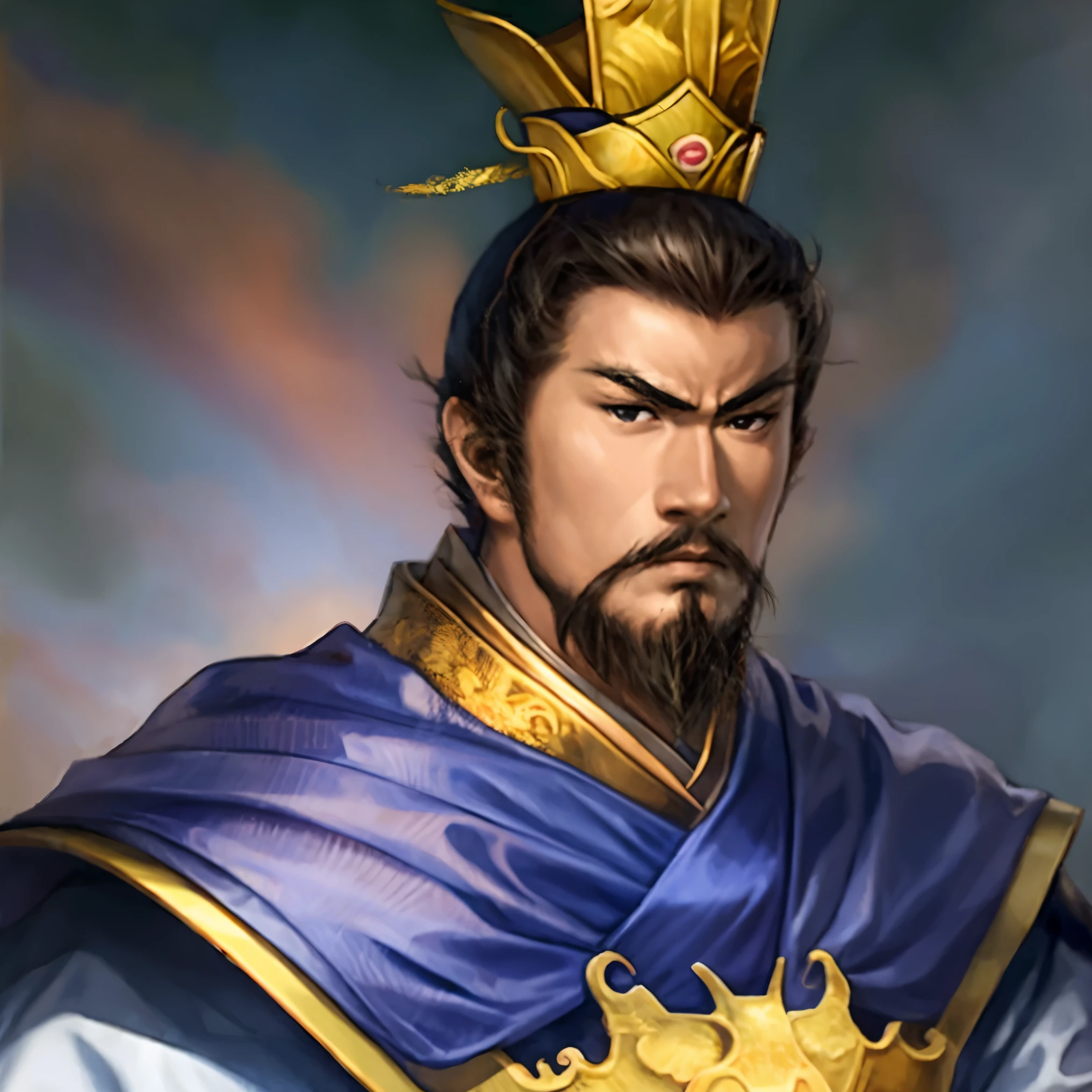 1man:1.5, masterpiece, best quality, best detail, best anatomy, best face, upper body, sangokushi11, chinese emperor, cao cao:1.6, armor, cape, 