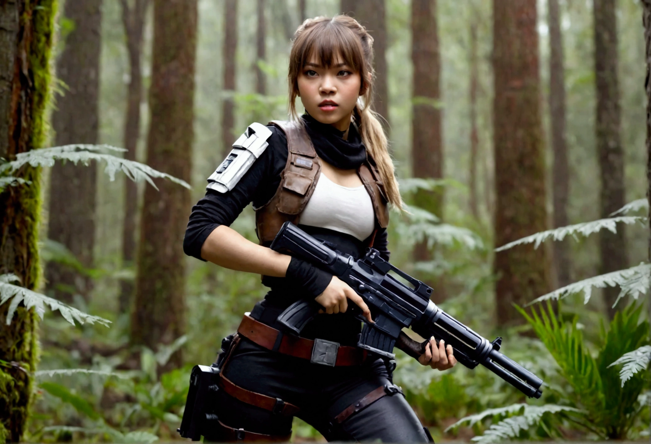 Star Wars (Lalisa Manobal, age 25, sexy combat outfit, very detailed blaster pistol) is a Rebel mercenary raiding an imperial convoy in a temperate forest. Action pose