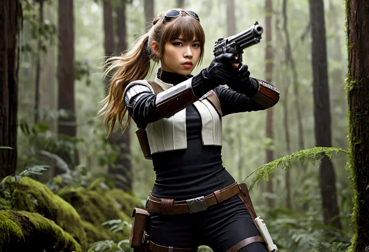 Star Wars (Lalisa Manobal, age 25, sexy combat outfit, very detailed blaster pistol) is a Rebel mercenary raiding an imperial convoy in a temperate forest. Action pose