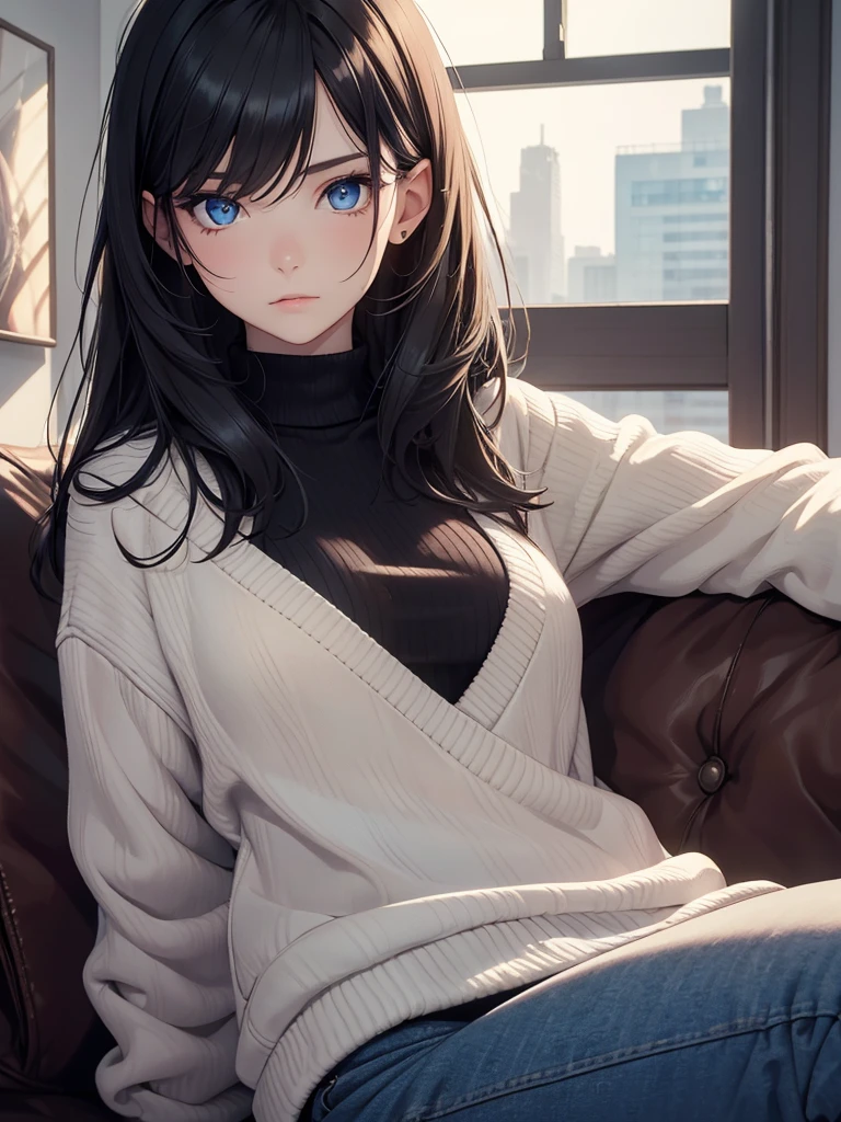 (8K, Best Quality, Masterpiece, Ultra High Resolution) Single Person, 1 Girl, Cute Eyes, Face Details, Pale Skin, Slender, Short, Small Breasts, Black Hair, Long Hair, Blue Eyes, Sweater, Jean Pants, Sitting on Sofa, Apartment, Best Quality, Upper Body, Looking at the Viewer, Facing Viewer, Close Up