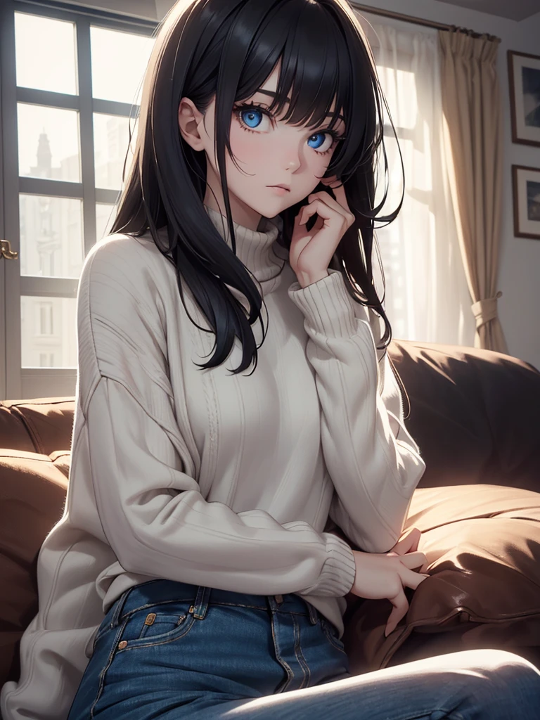 (8K, Best Quality, Masterpiece, Ultra High Resolution) Single Person, 1 Girl, Cute Eyes, Face Details, Pale Skin, Slender, Short, Small Breasts, Black Hair, Long Hair, Blue Eyes, Sweater, Jean Pants, Sitting on Sofa, Apartment, Best Quality, Upper Body, Looking at the Viewer, Facing Viewer, Close Up