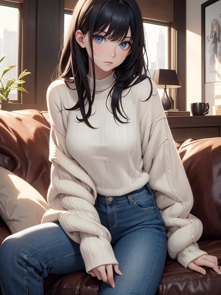 (8K, Best Quality, Masterpiece, Ultra High Resolution) Single Person, 1 Girl, Cute Eyes, Face Details, Pale Skin, Slender, Short, Small Breasts, Black Hair, Long Hair, Blue Eyes, Sweater, Jean Pants, Sitting on Sofa, Apartment, Best Quality, Upper Body, Looking at the Viewer, Facing Viewer, Close Up