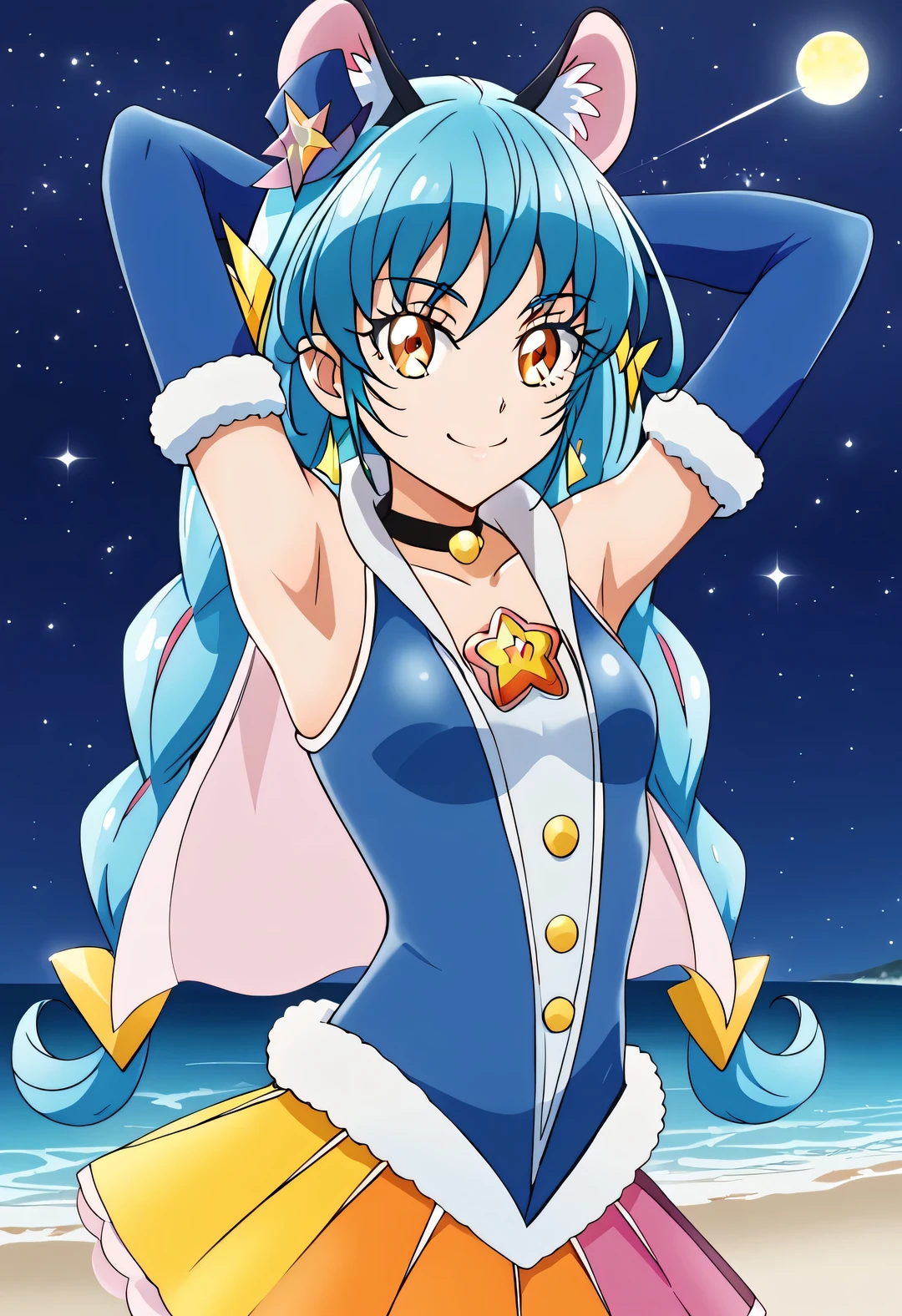 curecosmo, shiny skin, blue hair, solo, 1girl, high quality, closed mouth, looking at viewer, shy, showing armpit, looking at viewer, solo, contrapposto, spread armpit, arms behind head, looking at viewer, cowboy shot, closed mouth, night sky, beach, smile, best quality