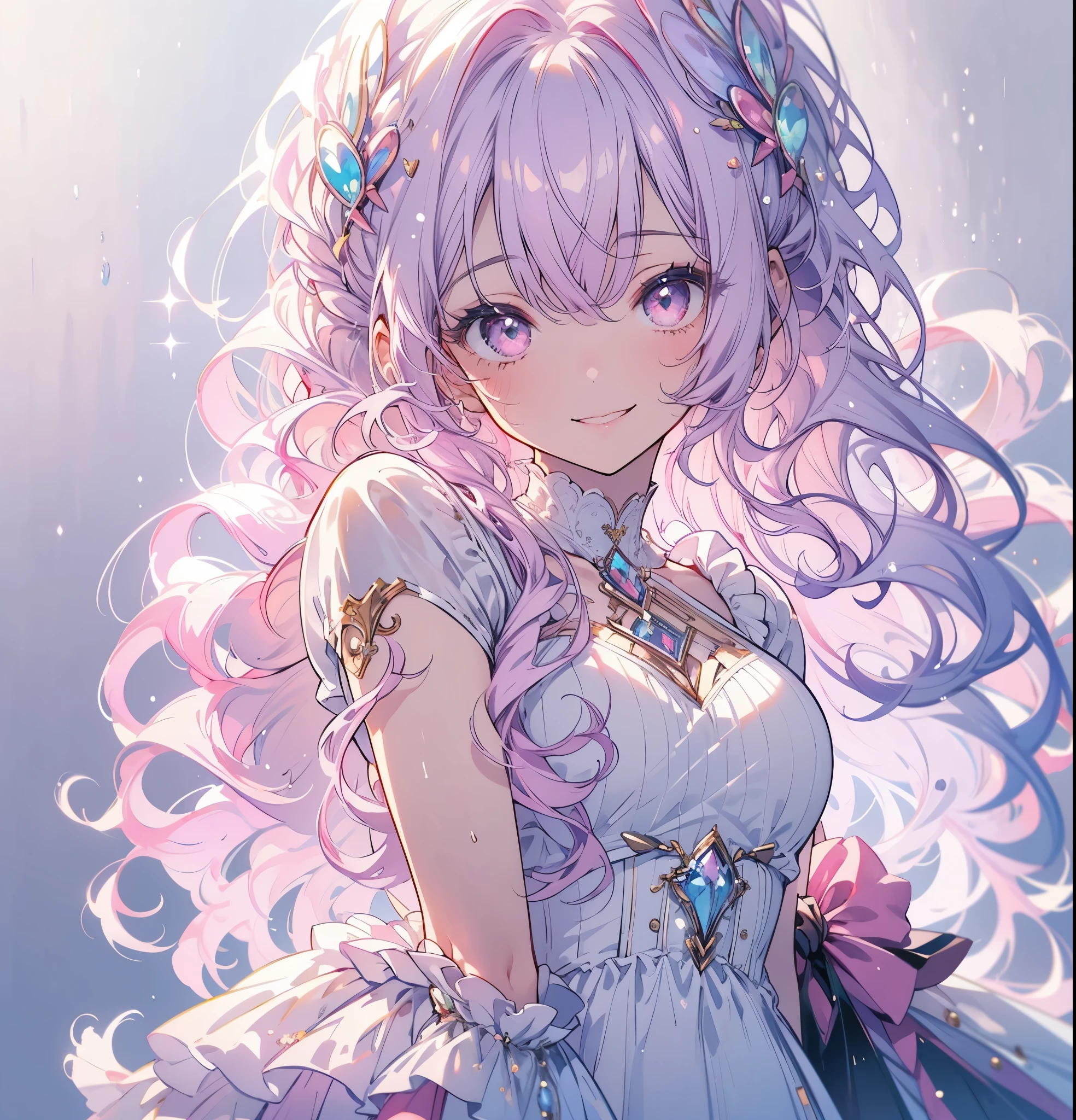 (masterpiece,Highest quality, Very detailed, beautiful, Exquisite, 16K, Full HD), ((smile,Happy:1.5)),get up,((Frills, Sparkling fluffy layered ball gown)), (Pink medium hair,Wavy Hair,Fluffy hair),(White skin,Lavender eyes, Long eyelashes, Big eyes,Pale pink cheeks), (pastel colour,Fantasy art:1.2), (White Background:1.8),Turn your whole body forward,Upper Body
