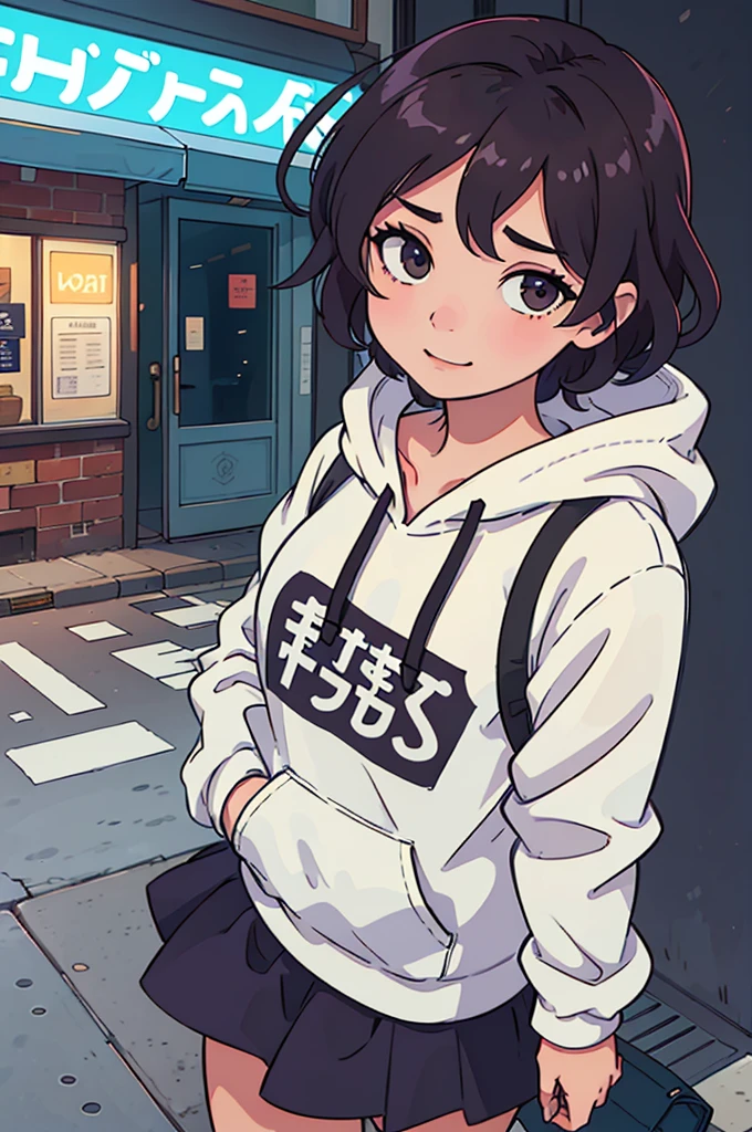 (best quality:0.8) perfect anime illustration, a pretty, happy woman with short curly brown hair on the street in the city, wearing a hoodie, skirt, シンデレラ,ジャンプ