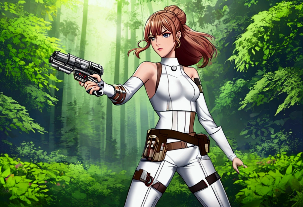 Star Wars (Lalisa Manobal, age 25, sexy combat outfit, very detailed blaster pistol) is a Rebel mercenary raiding an imperial convoy in a temperate forest. Action pose
