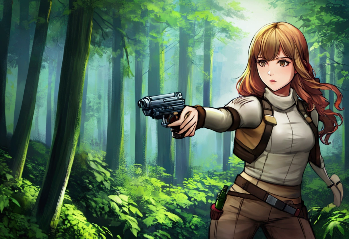 Star Wars (Lalisa Manobal, age 25, sexy combat outfit, very detailed blaster pistol) is a Rebel mercenary raiding an imperial convoy in a temperate forest. Action pose