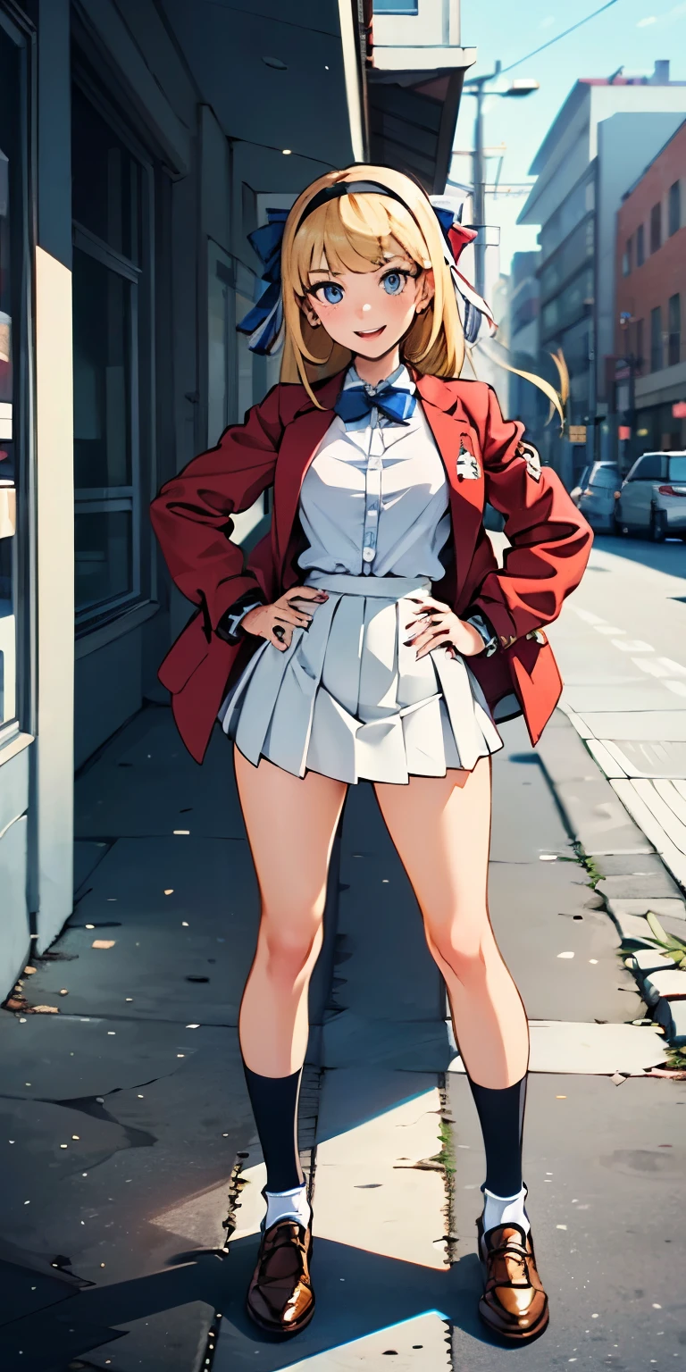 masterpiece, best quality, 1girl, high school girl, (bangs, blonde hair, armpit-length hair), ((black headband)), blue eyes, beautiful detailed eyes, beautiful detailed face, cute face, perfect hands, complete fingers, perfect anatomy, perfect proportions, (bow, bowtie. blue bowtie), full body, hand on hip, hands on hips, (red jacket), looking at viewer, (skirt, white skirt, pleated skirt, miniskirt) shirt, white shirt, socks, white socks, brown shoes, solo, standing, school building backdrop, daytime, smile, :d, solo focus, cowboy shot