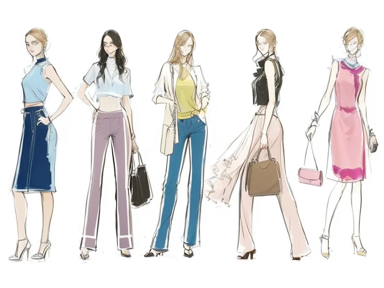 Group of women in various outfits and carrying bags and purses, figure!, Designer clothing, Fashion concept art, Fashion Research, detailed fashion figure, Fashion Clothing, Fashion Reference Sheet, Fashion pose, fashion figure, Fashion Design, Casual clothing style, luxury fashion figure, color figure, Wear elegant casual clothes, Fashion clothes, Fashion Posters, figure style, Modern clothing
