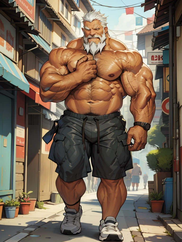 Solo, 1man, 1boy, old man in street city, old man, thick arm, huge arm, bearded. white hair and beard, bearded, muscular, pectoral, wide pectoral, realistic, 8k, masterpiece, (wearing shorts and shirtless, topless, shoes)