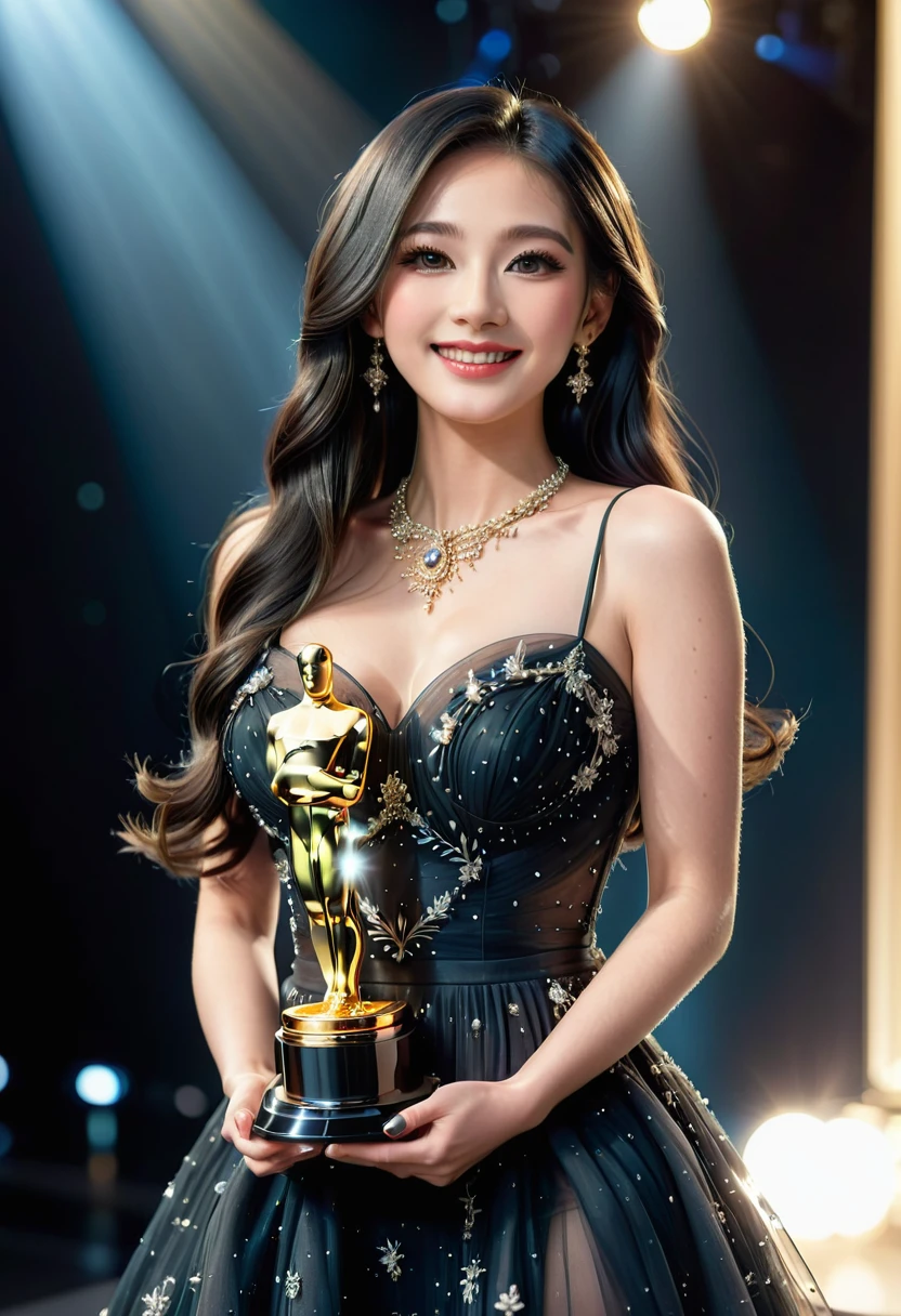 award moment, holding a small gold Oscar statue, ((photorealistic, masterpiece, Best Quality, 4K, high resolution:1.3)), professional lighting, extremely fine, BREAK, 1girl, evening dress, dress by Chanel, elegant, full Shot, K-POP, (beautiful detailed face:1.2), black long hair, detailed hair, beautiful detailed eyes, beautiful detailed lips, long eyelashes, detailed hair, good anatomy, luxurious Accessories, glittering necklace, luxurious Accessories, ((wearing high heels)), looking up, smile, tall stature, standing, BREAK, Award Ceremony Venue, (on stage, spot light:1.5), from below, cinematic lighting, happy, Shining on stage,