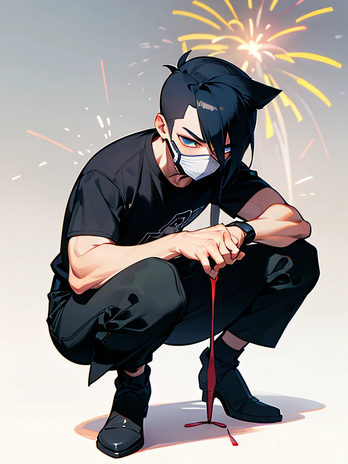solo, squatting down, male,sideshaved,short spiked deep black blue hair,tsurime, masked,muscular body, Male Eyes, male nose, male mouth, Black T-shirt, black skinny mini pants, Expressionless , holding a firework in her hand with the firework part facing downwards and playing with it, simple white background,