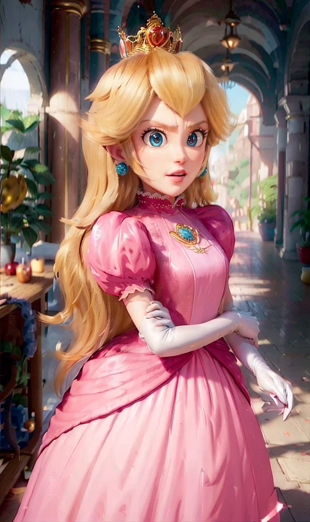absurdres, 1girl,medium breast, star eye, (princess peach), blush, (realistic:1.5), (blue eyes:0.8), (masterpiece, Extremely detailed CG unity 8k wallpaper, best quality, highres:1.2), (ultra_detailed, UHD:1.2), (pixiv:1.3), perfect illumination, distinct, (1girl:1.4), (bishoujo:1.2), looking at viewer, unreal engine, sidelighting, perfect face, detailed face, bangs, perfect body, beautiful eyes, pretty face, (bright skin:1.4), idol, ulzzang-6500-v1.1, castle,