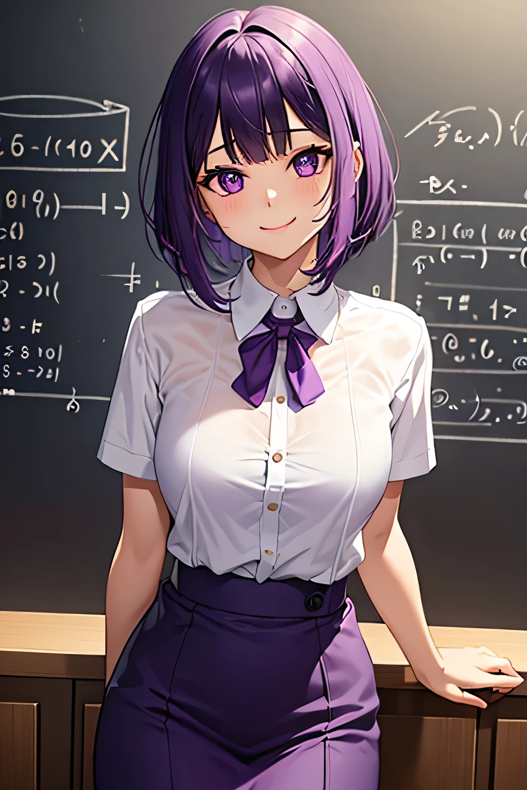 Woman, purple highlight hair, indonesian people, white collared shirt, girly, pretty, 18 yo, purple eyes, kind, empathize, animal lover, fussy, good at math and science, Slice-cut with see-through bangs hairstyle, smile, short hair