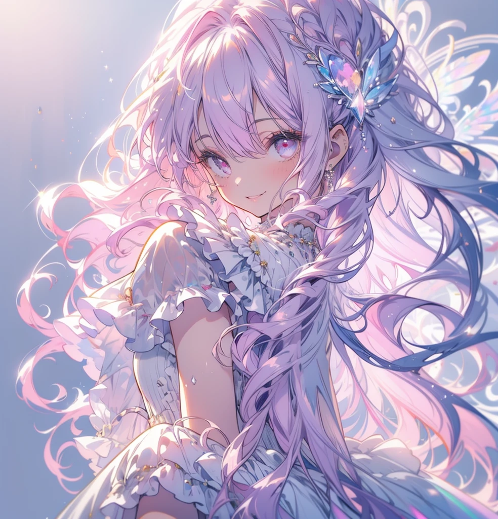 (masterpiece,Highest quality, Very detailed, beautiful, Exquisite, 16K, Full HD), ((smile,Happy:1.5)),get up,((Frills, Sparkling fluffy layered ball gown)), (Pink medium hair,Wavy Hair,Fluffy hair),(White skin,Lavender eyes, Long eyelashes, Big eyes,Pale pink cheeks), (pastel colour,Fantasy art:1.2), (White Background:1.8),Facing forward,Upper Body,身体はFacing forward