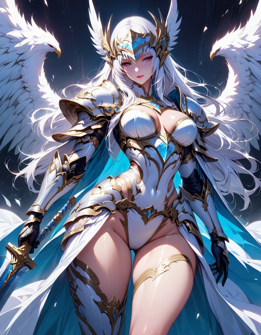 ung beautiful woman,(Highest quality,Extremely detailed depiction,Incredibly absurd high resolution,Anatomically accurate depiction,Curvy Legs),(Glowing Skin,Shiny skin),(Valkyrie),(Sacred silver armor,Holy sword,pocket,wing),(Blue Eyes,Half-closed eyes:1.3,Cool woman,Cold Atmosphere,Shadowed face,lipstick,There is cleavage in the chest,A seductive smile),Standing posture
