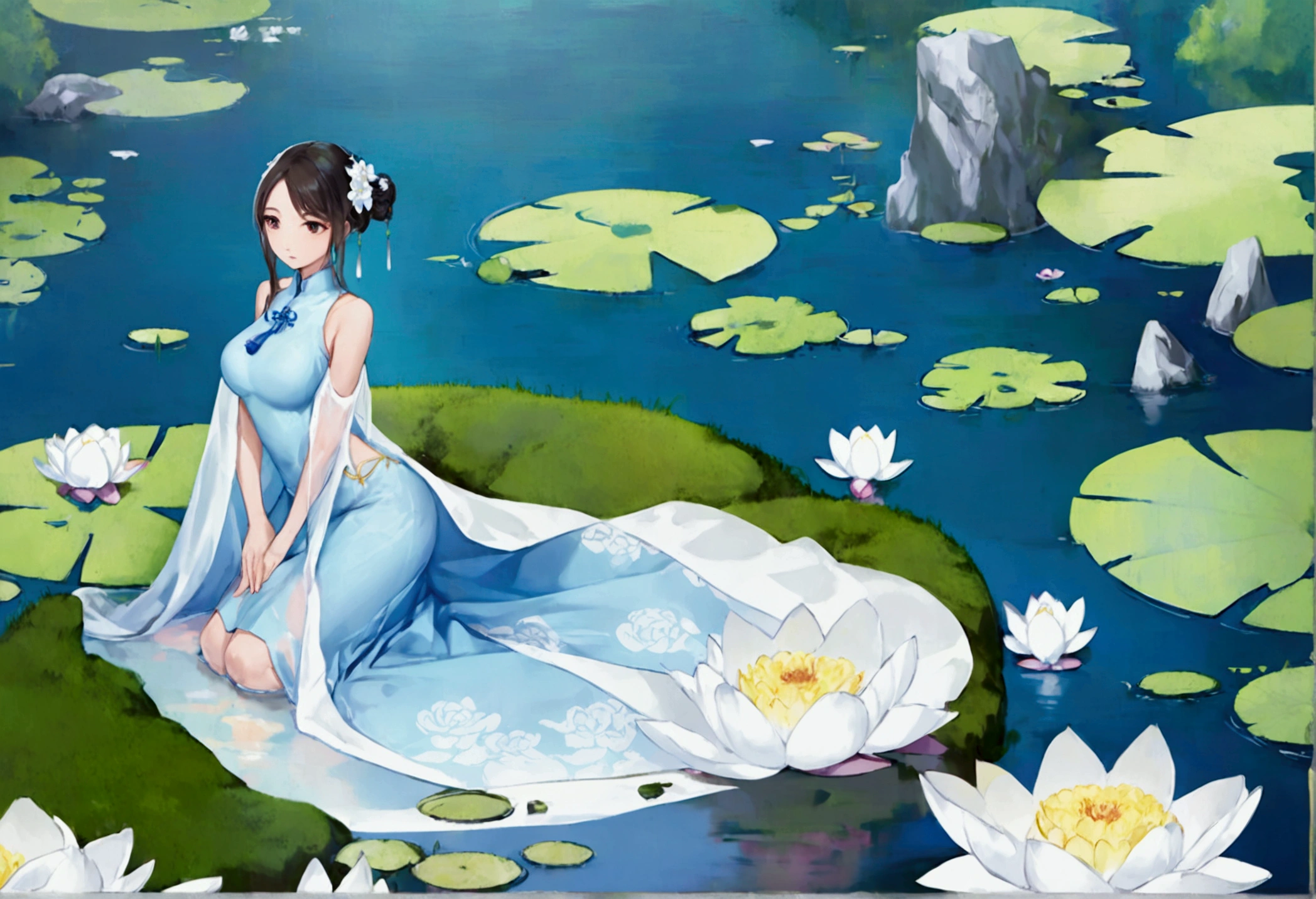 There is a blue dress, 16 long legs, a woman sitting on a rock in the water, standing elegantly on a lotus flower, ethereal beauty, wearing a blue cheongsam, court, a girl in Hanfu, wearing a blue cheongsam, full of fairy Xia, in the pond, white Hanfu, a stunning young ethereal figure, flowing dress, light blue, hair behind ear  