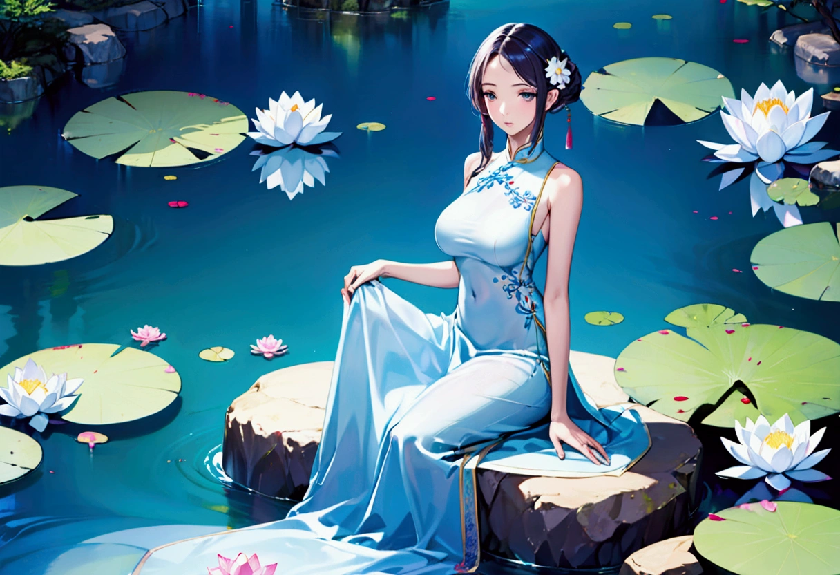 absurdres, highres, ultra detailed, (1girl:1.3), hand drawn, simple line, 16yo girl in colorful Chinese Hanfu, sexy girl with fox ears, at the lotus pond, masterpiece, sitting in water, floating clothes, floating hair