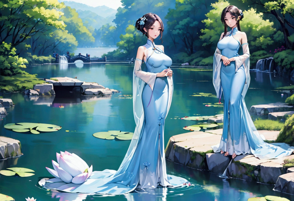 There is a blue dress, 16 long legs, a woman sitting on a rock in the water, standing elegantly on a lotus flower, ethereal beauty, wearing a blue cheongsam, court, a girl in Hanfu, wearing a blue cheongsam, full of fairy Xia, in the pond, white Hanfu, a stunning young ethereal figure, flowing dress, light blue, hair behind ear  