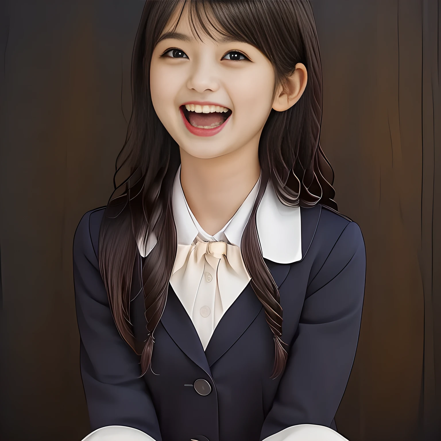 (Highest quality, masterpiece:1.2), Highest quality, High resolution, 1080P, 8k, height: 158cm, super long black hair, ((A noble, graceful and intelligent 14yo Japanese young long hair lady who have a best proportion are seated and singing religious hymn chorus with opening their mouth, all of them are watching at me!: 1.5)), ((So sweet, very noble, neat, and pretty 14yo Japanese beautiful fashion magazine models are surrounding me and looking gracefully at me: 1.6)), ((The lady is looking directly at me with religious eyes)) ((((Very pure white face and limbs)))), Glossy Lips, (Evenly cut curled bangs), ((Very beautiful, droopy, cute, pure, noble, intelligent brown eyes with detailed: 1.6)), ((Gorgeous and very wavy super long black hair, super very long wavy black hair, beautiful wavy hair like a princess: 1.8)), (Very shiny, glossy Lips), Watch at you, ((Incredibly well organized, Rich facial expressions)), ((Plump and beautiful white skin and face)), ((Pure, clear, gentle brown eyes)), ((staring at me)), Glossy Lips, ((Noble and elegant)), ((Large upward-curving lips)), ((((Navy gorgeous Japanese school blazer with noble golden emblem)))), ((Navy and sapphire blue Japanese school gorgeous uniform)), ((Tartan check pattern dark blue and navy pleated gorgeous skirt with beautiful white fat calf: 1.0)), ((Blue gloss chest ribbon: 1.0)), ((((An ecstatic expression of boundless joy)))), (((Beauty and fashion magazine for young girls))), ((Cute beautiful knees)), ((Well-shaped ample breasts)), ((Tilting his head and smiling)), ((Plain darkness background: 1.5)), (Singing in religious happiness and inviting me to the happiness with them: 1.0), ((Too beautiful women to stop falling into them: 1.6)), ((They are in fact succubi and seated with strong religious temptation)), (A beautiful girl like the young noble girl painted by Renoir: 1.6)