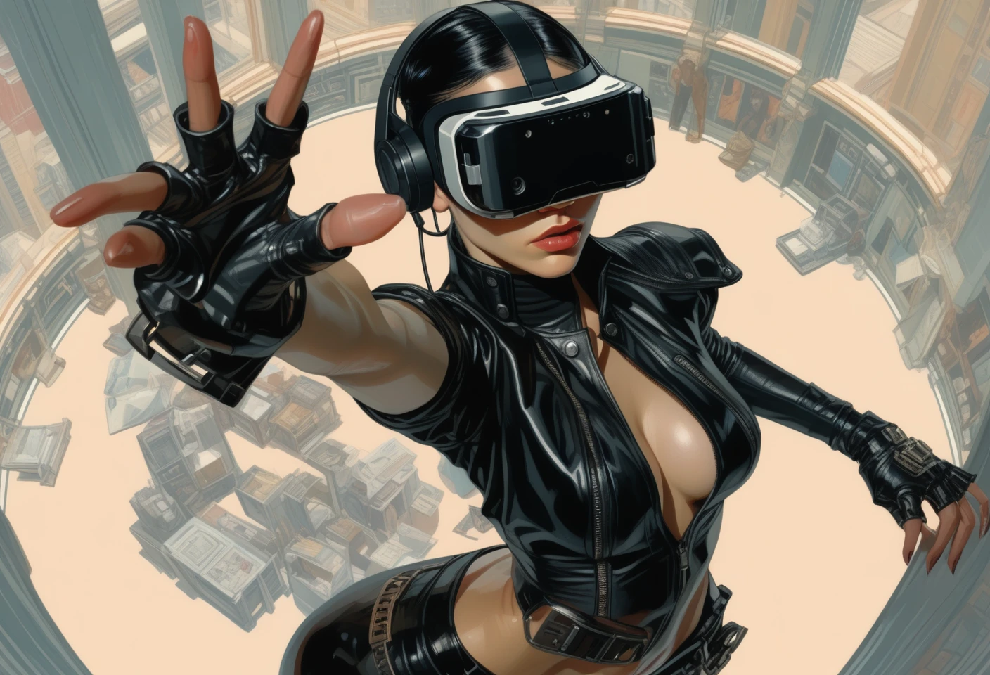 Overhead shot of a Woman in Black Cyberpunk leather, VR Headset, hand reaching out toward viewer, style by J.C. Leyendecker