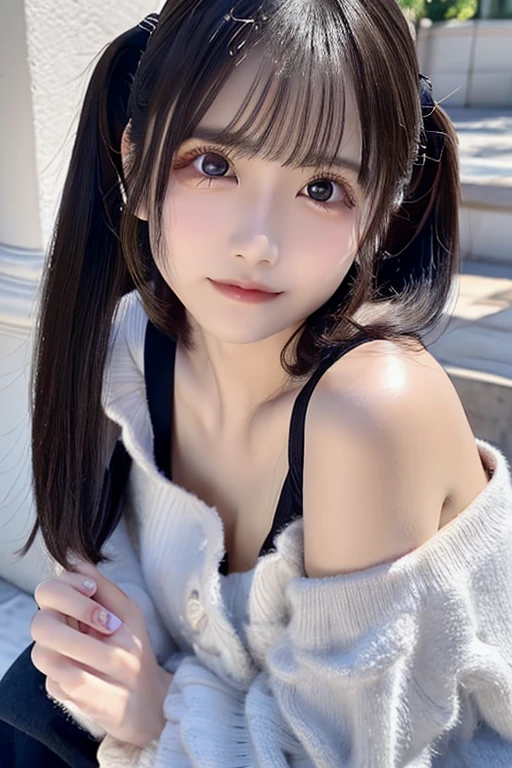 ((The photo shows the upper part of the thighs))、Highest quality、High resolution、超High resolution（Real：1.4）、((jirai kei、Off the shoulder,chool:1.3)、18-year-old、Japanese women、Small breasts、(looking at the camera)、Cute round face、smile、((Shiny gray hair))、looking at the camera、Sparkling eyes、Lips shining with lip gloss、Natural light、(()）、Flat breasts、Small breasts、(smallバスト:1.4)、smallバスト、(slim、small、Flat、small)、thin、Delicate and sexy collarbone、One Girl、(beautiful girl、Delicate girl:1.3)、(18-year-old:1.3)、Very beautiful eyes、(Symmetrical eyes:1、Brown eyes、Parted bangs、(Eye and facial details:1.0) )、Real実写、Photogenic transparency、Detailed eyes、Gradation、Perfect anatomical figure、Woman with perfect body、Highly detailed skin、Highly detailed face、Beautiful eyes in every detail、Background Blur、Sexy pose、