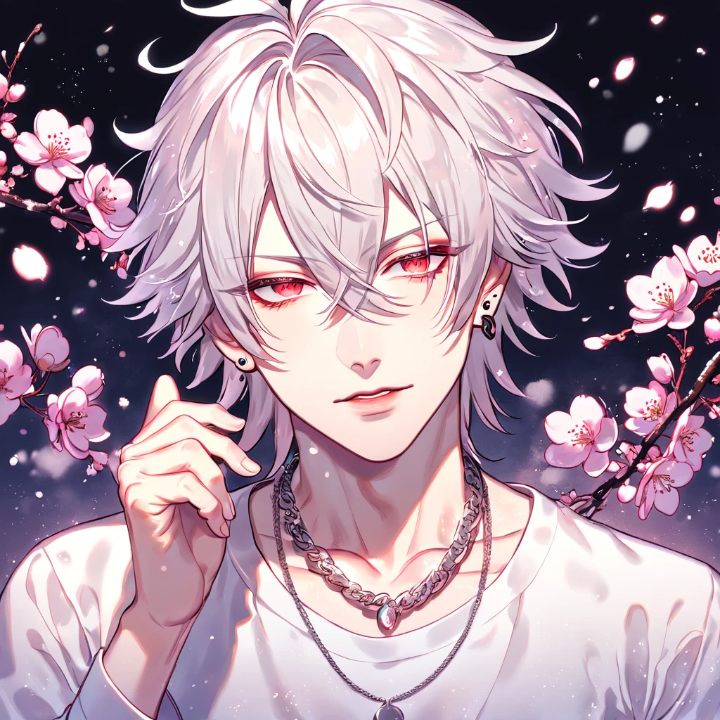 Ultra detailed, HDR, Highres, absurdres, master piece, Aohitsugi Samatoki, white hair, long eyelashes, expressive red eyes, white shirt, Hypnosis Mic, sexy man, handsome, cherry, flowers, blossoms, fantasy, magical, pink leaves, snowing, handsome, sensual, best quality, glittering, solo, necklace, piercing