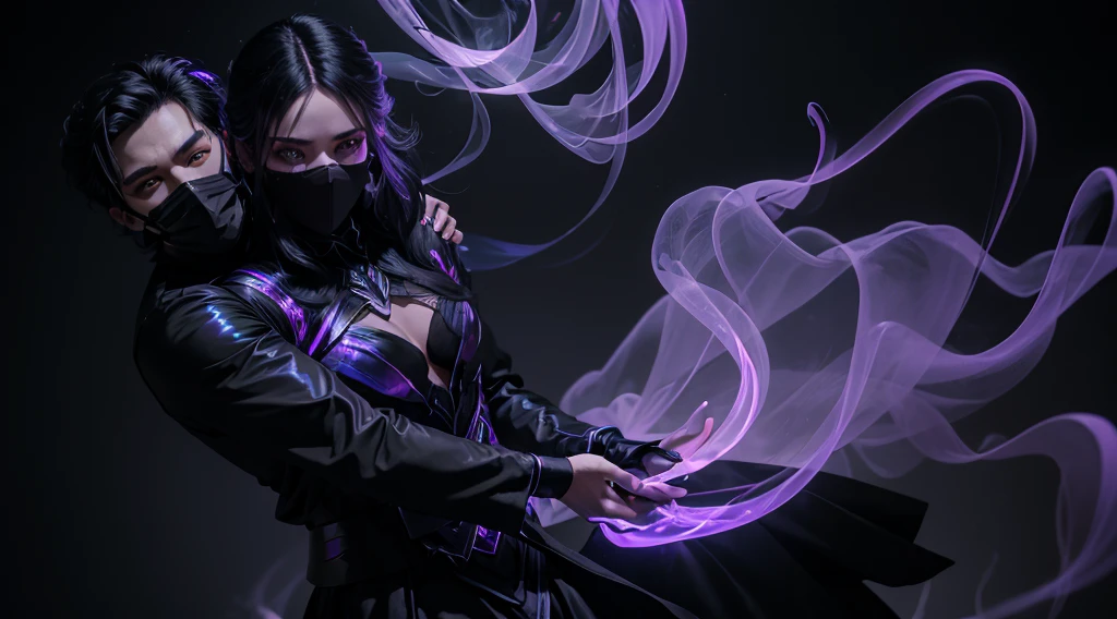 long shot, masked male ghost assassin in black clothes, dancing with a beautiful woman in purple and gold dress, high detail, wide shot, 4K, 3D, REALISTIC, (iridescent glow smoke), UHD, 32K, very bold neon colors, black light, neon light