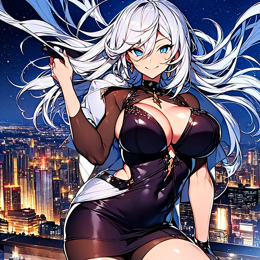washington, silver hair, blue eyes, big breasts, the night, a big city in the background, smiling, high resolution, work of art. side view