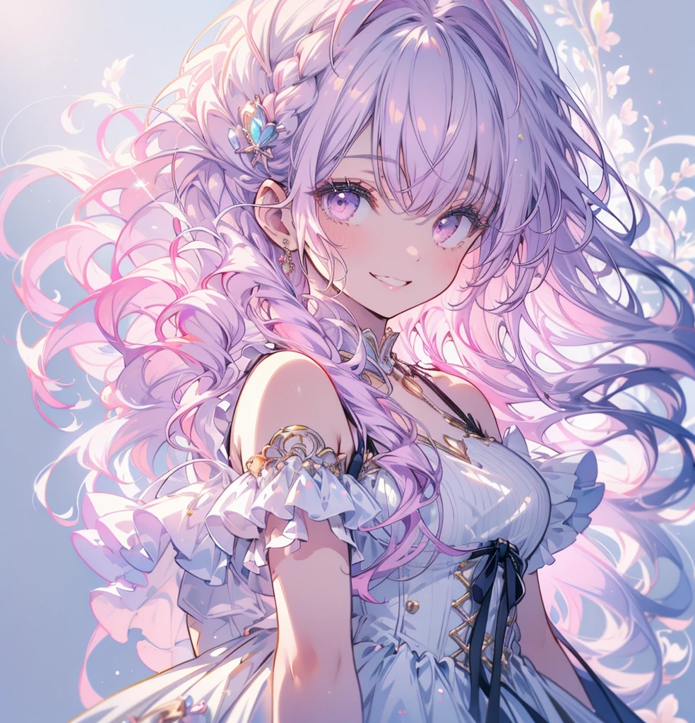 (masterpiece,Highest quality, Very detailed, beautiful, Exquisite, 16K, Full HD), ((smile,Happy:1.5)),get up,((Frills, Sparkling fluffy layered ball gown)), (Pink medium hair,Wavy Hair,Fluffy hair),(White skin,Lavender eyes, Long eyelashes, Big eyes,Pale pink cheeks), (pastel colour,Fantasy art:1.2), (White Background:1.8),Facing forward,Upper Body,身体はFacing forward