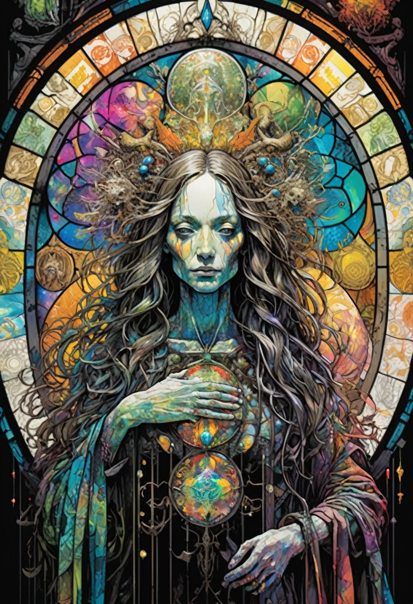 Poster,Jim Mahfood,ellen jewett, Very detailed, High Contrast,masterpiece, Stained Glass Background,Leonardo da Vinci,psychedelic,世界の創造魅惑的なpsychedelic, LSD Trip, colorful, Shine,