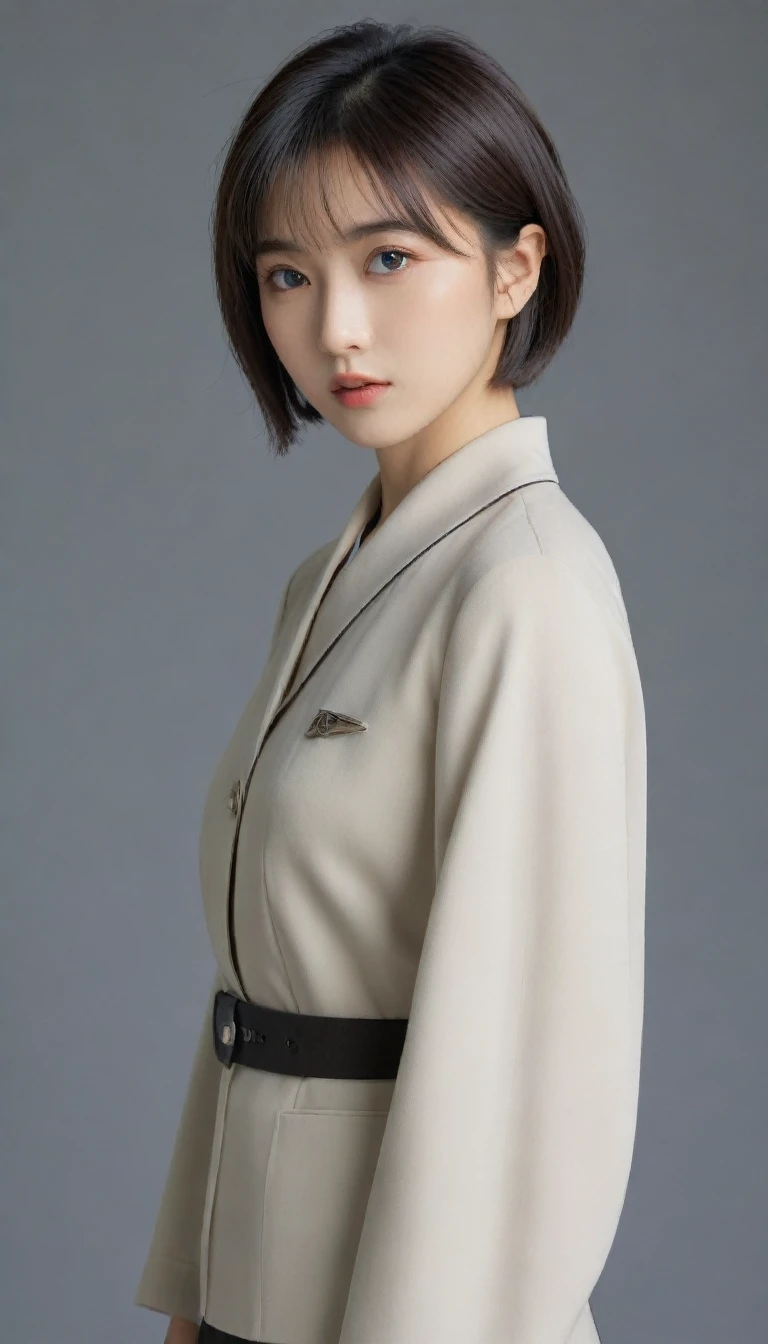 8k, Ultra-high resolution, Highest quality, masterpiece, 三分割法によるphotograph,Surreal, photograph, 1 Girl, (16 years old:1.3), pretty girl, Cute Face, Beautiful eyes in every detail, 細かくdetailedに,masterpiece,One Girl:1.2,Japanese female officer,Superior non-commissioned officer,full body,furious,glaring,Black short hair,Bob with bangs, (The finest ceremonial attire:1.3),Pencil Skirt,Military clothing,Nazi SS uniform,HUGO BOSS,Sharp contours,Looking down,Gray background, Light from above, Low contrast, (Side view),Perfect and beautiful face ,完璧でCute Face, Skin with attention to detail, Perfect limbs、Narrow waist,Looking at the audience,(((Ideal body type))),A cup small breasts :2,Portraiture:2,Perfect Anatomy,鮮明なdetailed,detailed,Surreal,Light and shadow,glowing