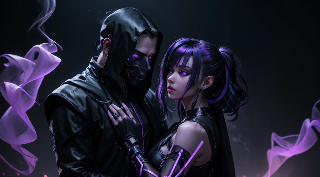 long shot, cyberpunk masked male ghost assassin in black clothes, dancing with a beautiful woman in purple and gold dress, high detail, wide shot, 4K, 3D, REALISTIC, (iridescent glow smoke), UHD, 32K, very bold neon colors, black light, neon light