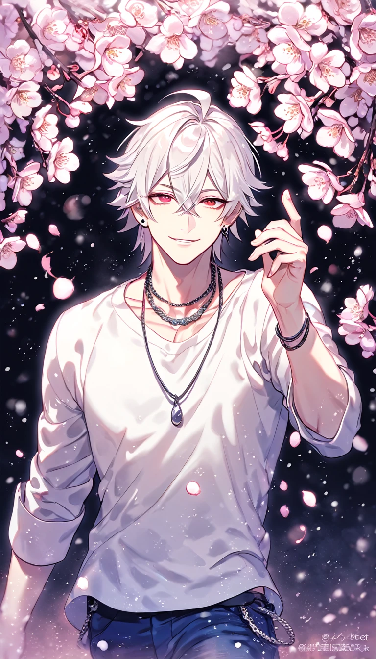 Ultra detailed, HDR, Highres, absurdres, master piece, Aohitsugi Samatoki, white hair, long eyelashes, expressive red eyes, white shirt, blue pants, Hypnosis Mic, sexy man, handsome, cherry, flowers, blossoms, fantasy, magical, pink leaves, snowing, handsome, sensual, best quality, glittering, solo, necklace, piercing, handsome smile,