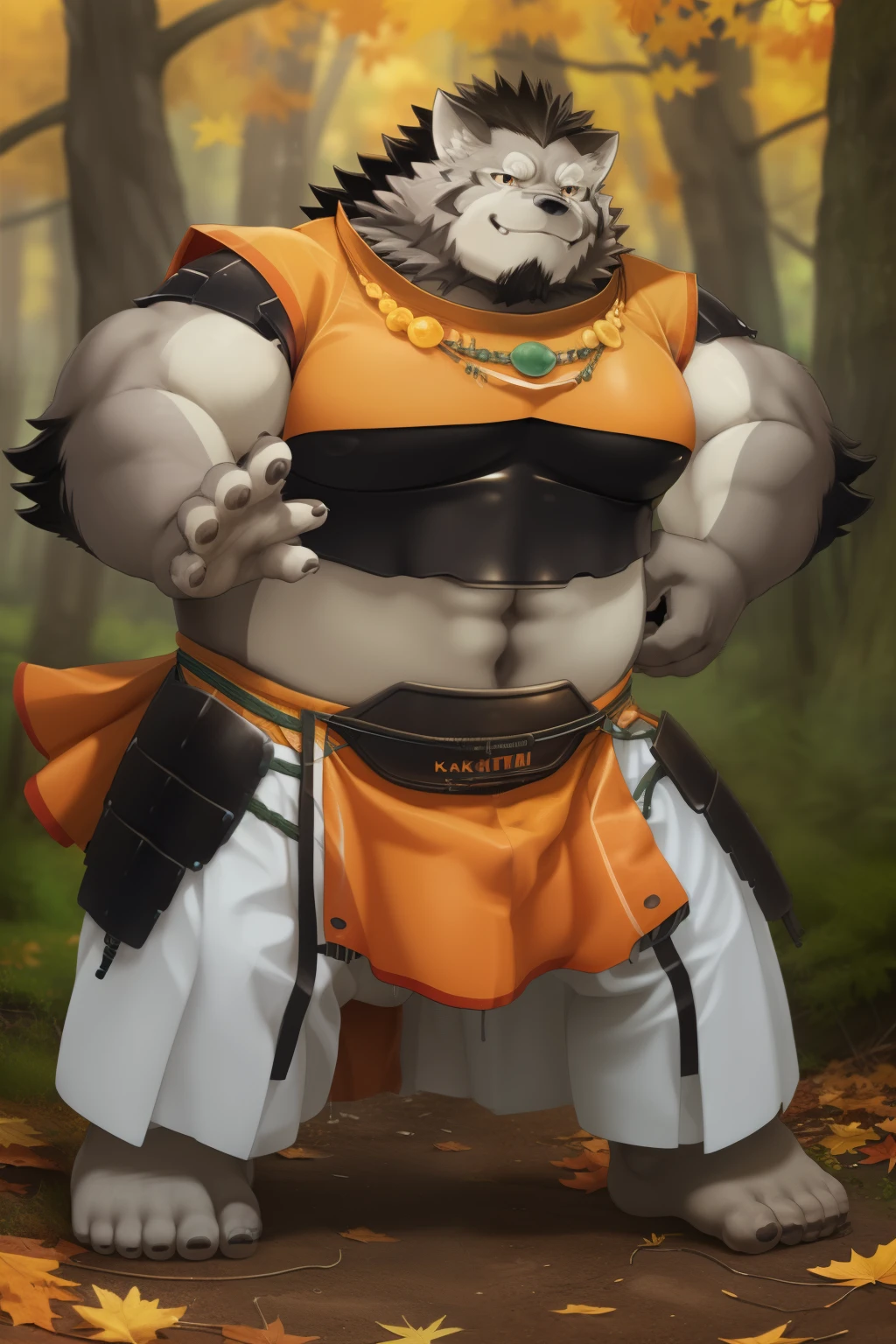 Pause, Pause, alone, strong, Black Armor, Green rope, Orange loincloth, (Black Shirt:0.382) ,Orange Tank Top, feet, Five fingers, necklace, Smile, Please open your eyes, Autumn forest, Very detailed, masterpiece,(Highest quality), (Very detailedイラスト), Excellent anatomy, (Detailed CG), (Bright Eyes), Stomach, stomach筋, stomach, (Chubby:1), Black Hair, 裸feet, whole body, (White Skirt:1.1), Orange loincloth, (Complex, Attention to detail, Film Photography, Soft Focus, RAW Candid Cinema, Photorealism, Realistic, photoRealistic, Analog Style, Scattered beneath the surface, masterpiece, Highest quality, ultra Realistic, 8k), (Kaneen Kai,Takemoto Arashi), (Yamato (Tamakore)), Bulge,ejacuculation under clothes,pussy juice stain