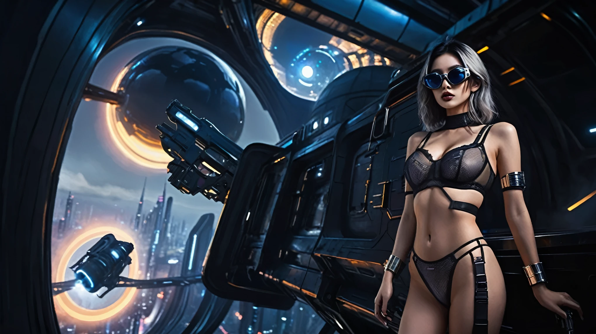 at night, ((a large-breast:1.2 lingerie slim:0.6 GIRL with black micro sunglasses)), ((holding a pistol)), aerial view of an ultra-futuristic megalopolis, tall metal buildings in dark colors from dark blue to black, shades of metal gray, smoky metal structures, industrial environment with fog around, dark cars on the streets, (flying vehicle), modern metal rails and trains passing through, ((futuristic space station)), realistic, detailed, sci-fi.