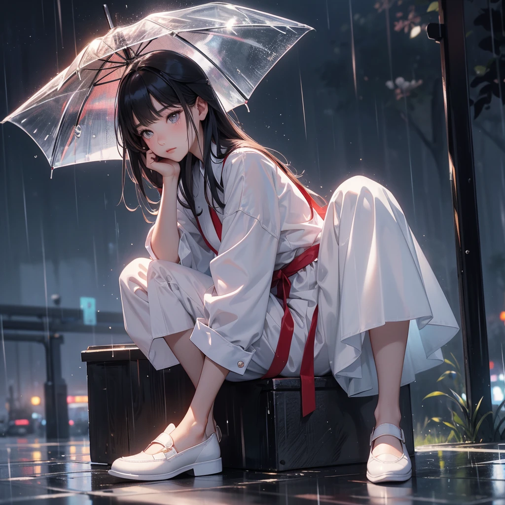realistic Korean girl 19 year old.cute girl sitting on the road with an red top and white under where and white shoes. top with name " M " big size word correct write on black colour. it, after rain and no Bays, beautiful lonely boy, with Cute white cat, rainy mood, realistic picture, pretty girt standing in the rain, emotional picture profile pic, rainy weather, ulta 4k pictures.